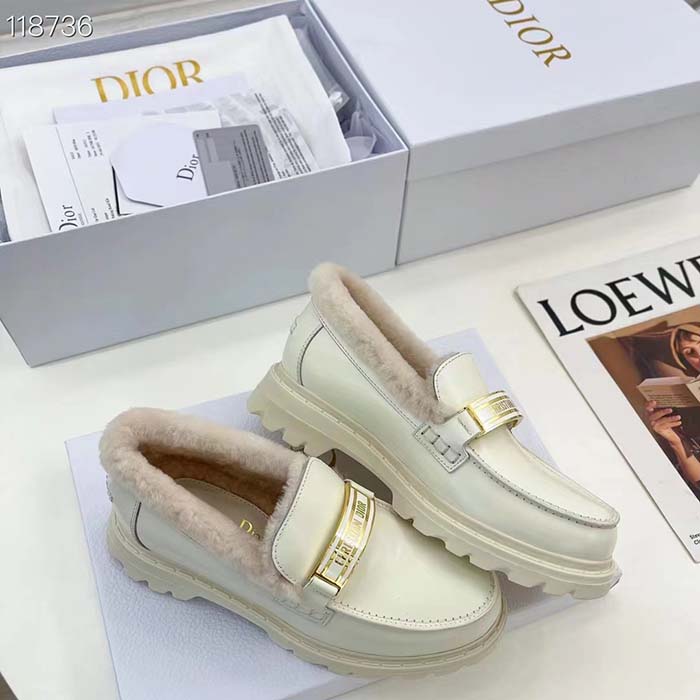 Dior Women Shoes CD Dior Code Loafer White Brushed Calfskin White Shearling