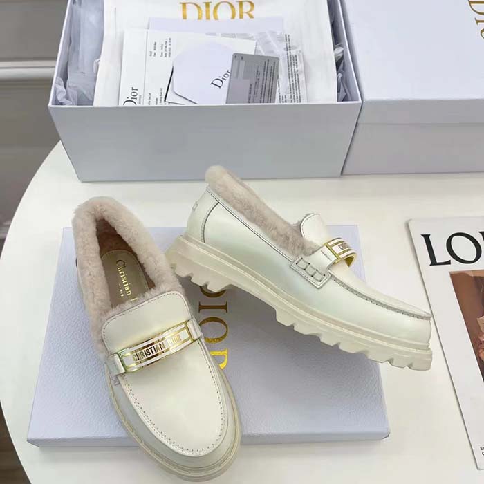 Dior Women Shoes CD Dior Code Loafer White Brushed Calfskin White Shearling