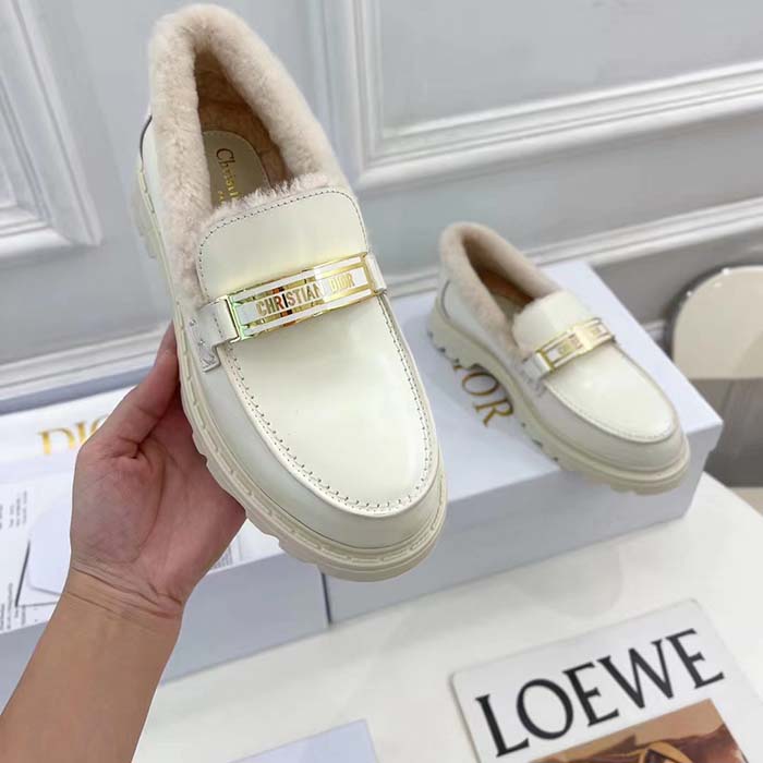 Dior Women Shoes CD Dior Code Loafer White Brushed Calfskin White Shearling