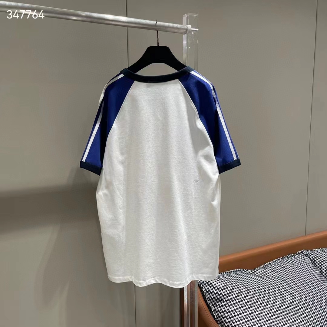 G*u*i women gg adidas x G*u*i cotton jersey t-shirt ivory blue trefoil print raglan sleeves crewneck