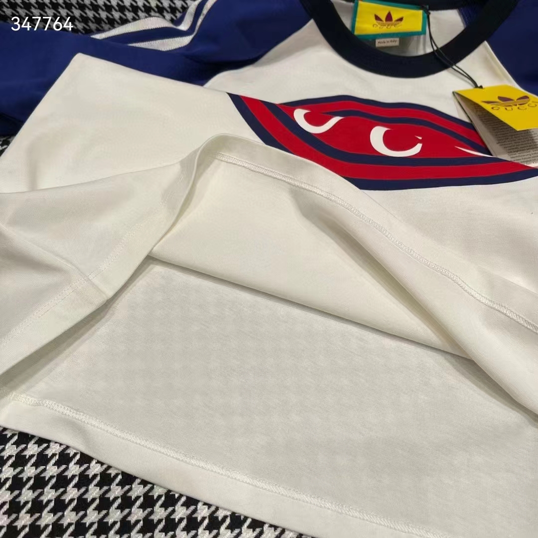 G*u*i women gg adidas x G*u*i cotton jersey t-shirt ivory blue trefoil print raglan sleeves crewneck