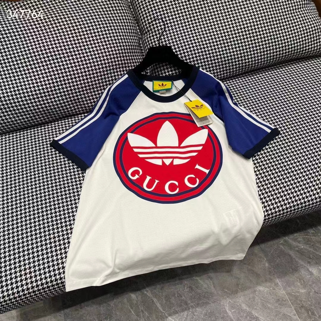 G*u*i women gg adidas x G*u*i cotton jersey t-shirt ivory blue trefoil print raglan sleeves crewneck