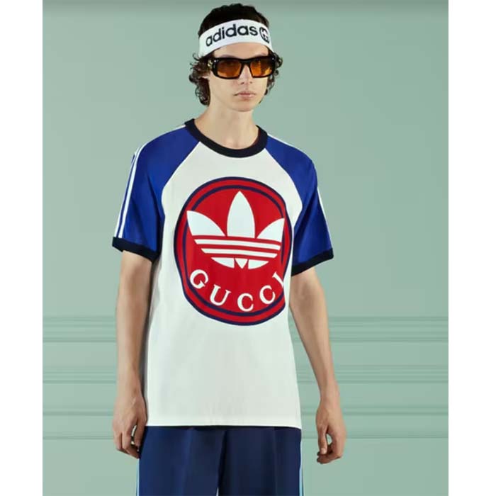 G*u*i men gg adidas x G*u*i cotton jersey t-shirt ivory blue trefoil print raglan sleeves crewneck