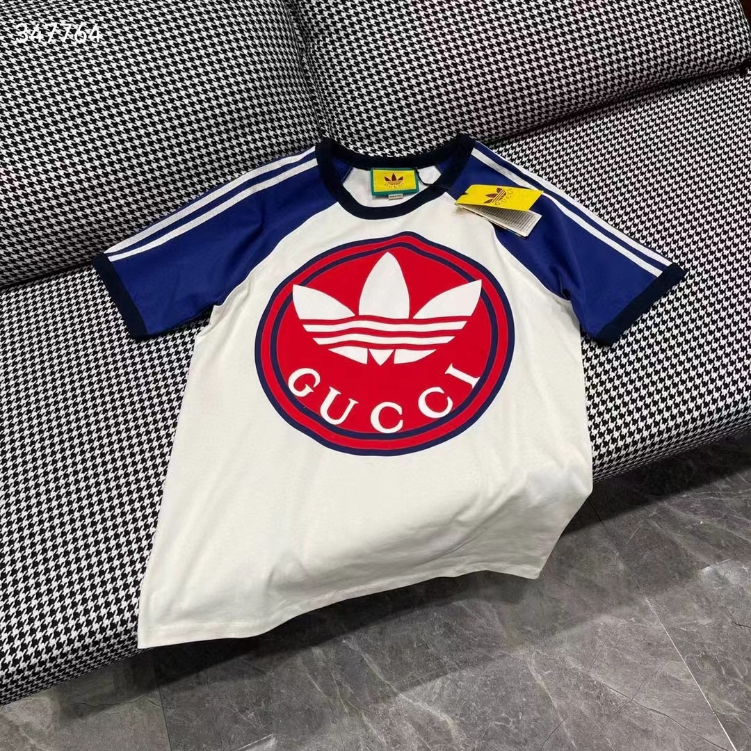 G*u*i women gg adidas x G*u*i cotton jersey t-shirt ivory blue trefoil print raglan sleeves crewneck