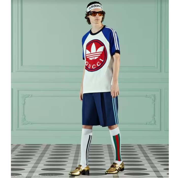 G*u*i men gg adidas x G*u*i cotton jersey t-shirt ivory blue trefoil print raglan sleeves crewneck