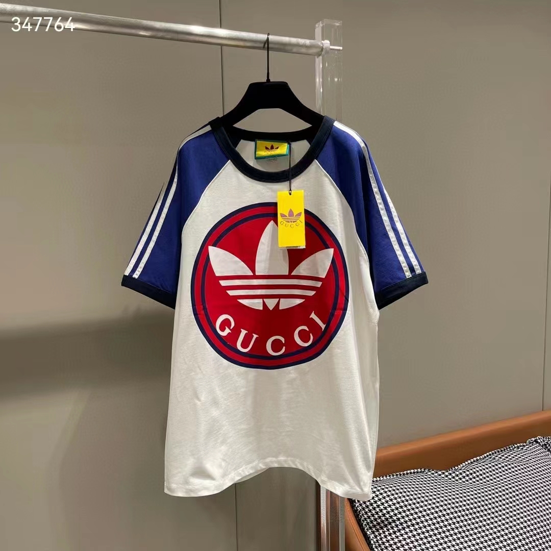 G*u*i women gg adidas x G*u*i cotton jersey t-shirt ivory blue trefoil print raglan sleeves crewneck