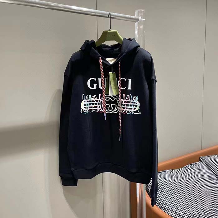 G*u*i men gg cotton jersey sweatshirt black felted long sleeves kangaroo front pocket
