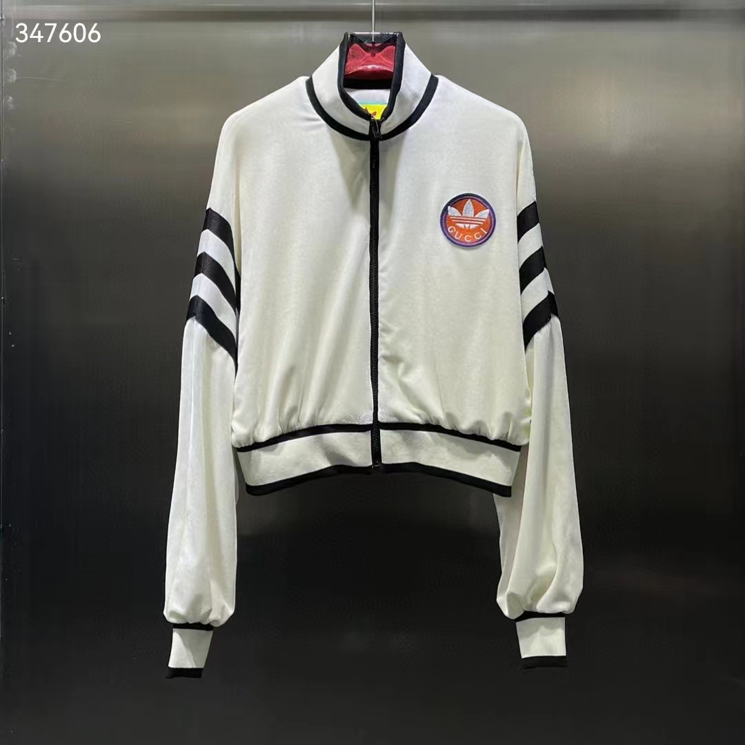 G*u*i women gg adidas x G*u*i chenille cropped jacket light beige cotton chenille trefoil