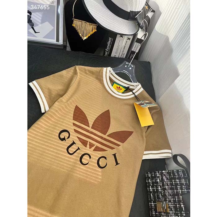 G*u*i women gg adidas x G*u*i cotton t-shirt camel jersey trefoil print crewneck
