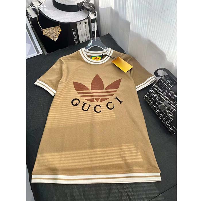 G*u*i women gg adidas x G*u*i cotton t-shirt camel jersey trefoil print crewneck