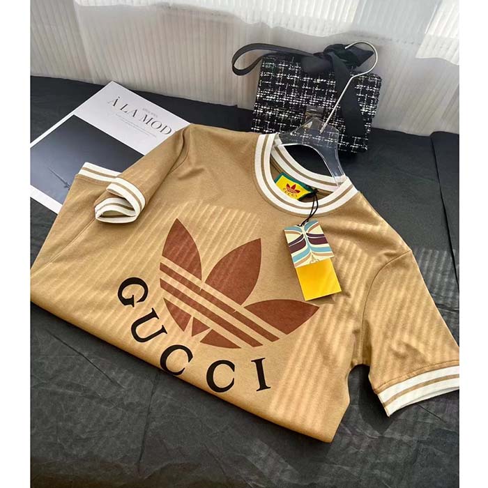 G*u*i women gg adidas x G*u*i cotton t-shirt camel jersey trefoil print crewneck