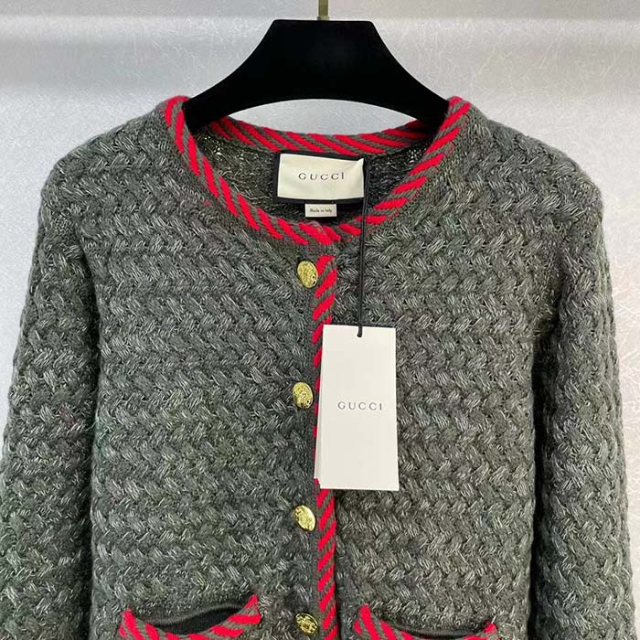 G*u*i women gg cable knit wool jacket dark green cable knit wool green red stripe