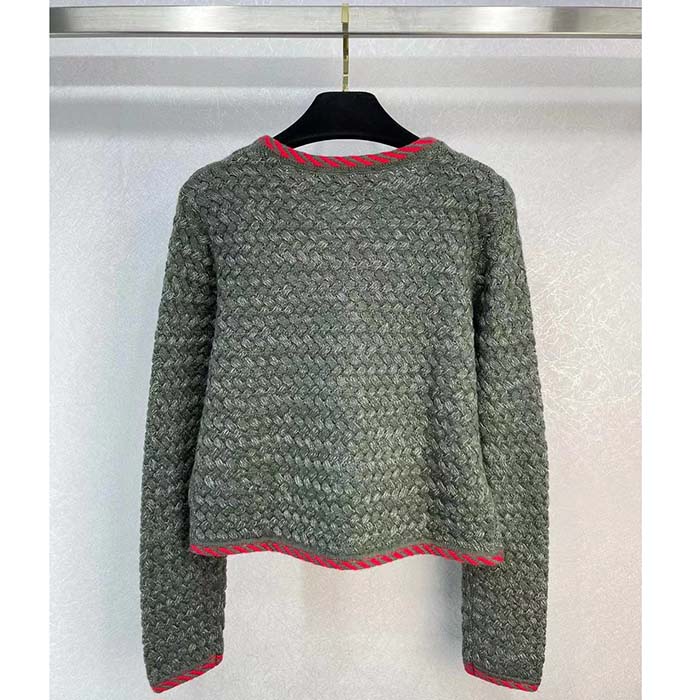 G*u*i women gg cable knit wool jacket dark green cable knit wool green red stripe