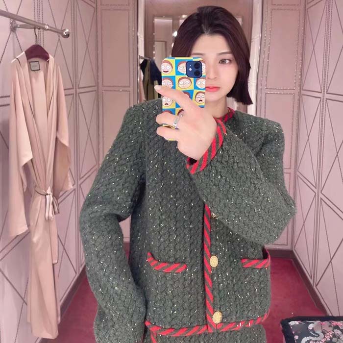 G*u*i women gg cable knit wool jacket dark green cable knit wool green red stripe