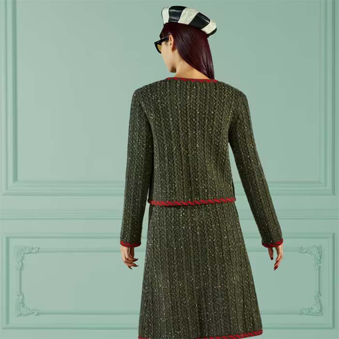 G*u*i women gg cable knit wool jacket dark green cable knit wool green red stripe