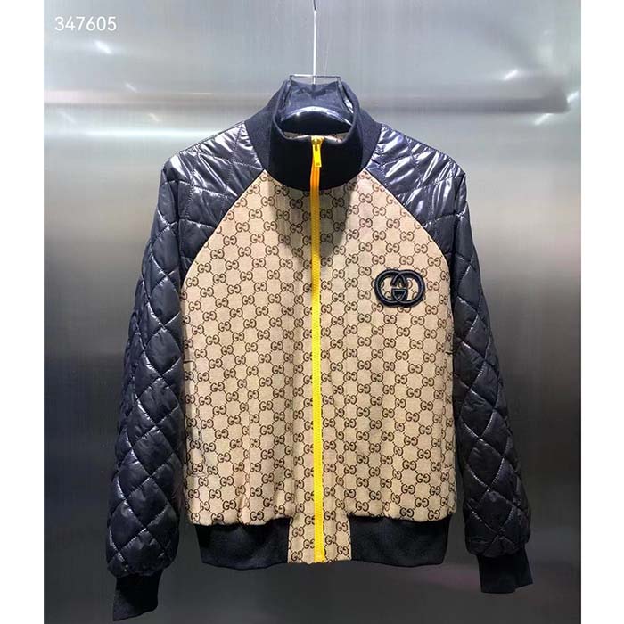 G*u*i men gg canvas nylon zip jacket beige ebony black quilted high neck