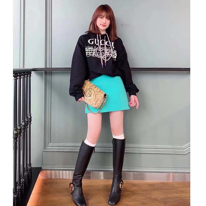 G*u*i women gg cotton jersey sweatshirt black felted long sleeves kangaroo front pocket