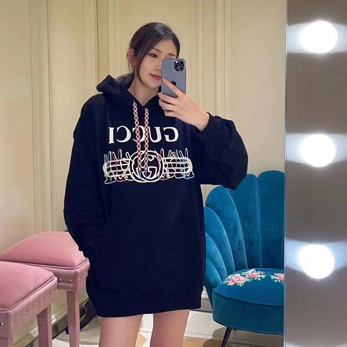 G*u*i women gg cotton jersey sweatshirt black felted long sleeves kangaroo front pocket