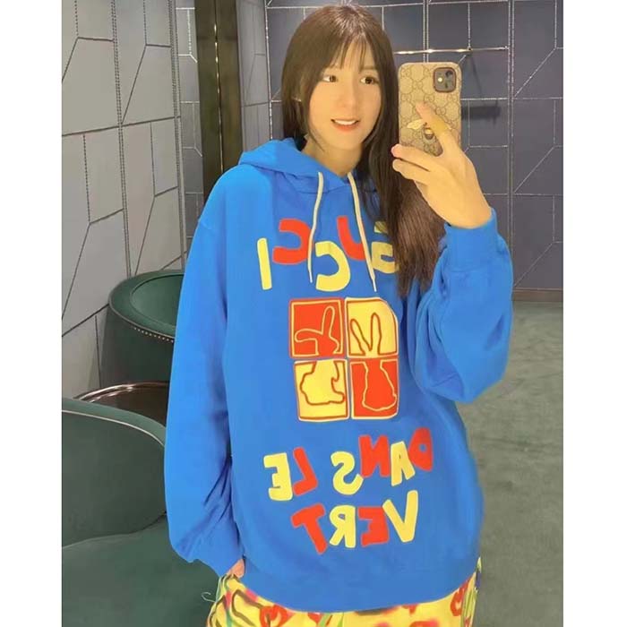 G*u*i women gg cotton jersey sweatshirt turquoise felted cotton jersey long sleeves