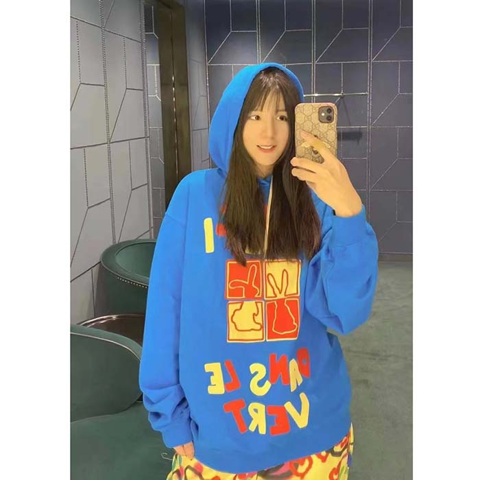 G*u*i women gg cotton jersey sweatshirt turquoise felted cotton jersey long sleeves