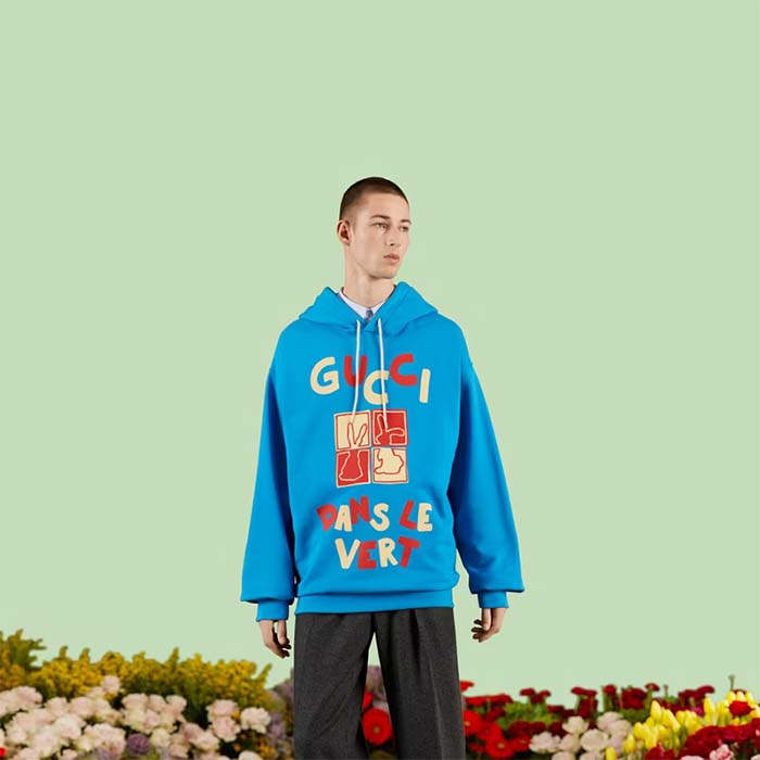 G*u*i men gg cotton jersey sweatshirt turquoise felted cotton jersey long sleeves