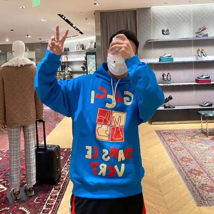 G*u*i men gg cotton jersey sweatshirt turquoise felted cotton jersey long sleeves