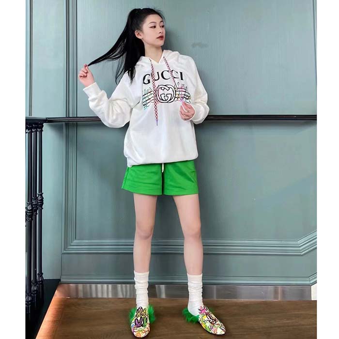 G*u*i women gg logo bunny print hooded cotton sweatshirt off white cotton jersey