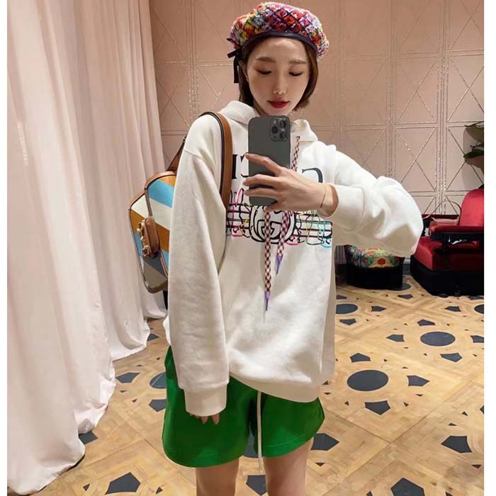 G*u*i women gg logo bunny print hooded cotton sweatshirt off white cotton jersey