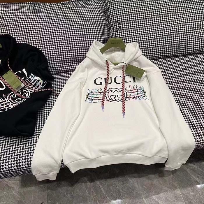 G*u*i men gg logo bunny print hooded cotton sweatshirt off white cotton jersey