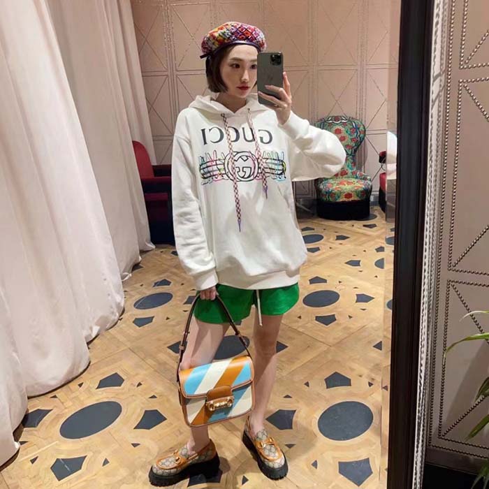 G*u*i women gg logo bunny print hooded cotton sweatshirt off white cotton jersey