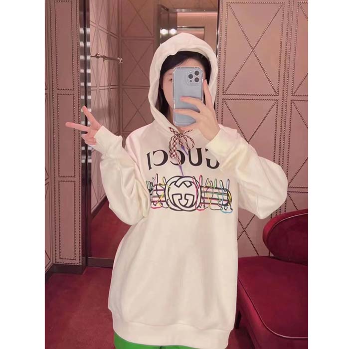 G*u*i women gg logo bunny print hooded cotton sweatshirt off white cotton jersey