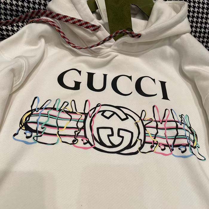 G*u*i men gg logo bunny print hooded cotton sweatshirt off white cotton jersey