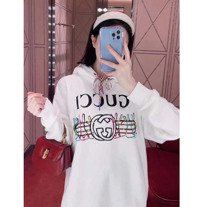 G*u*i women gg logo bunny print hooded cotton sweatshirt off white cotton jersey