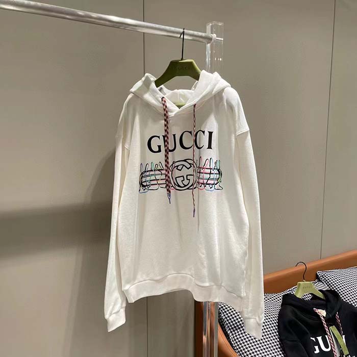 G*u*i men gg logo bunny print hooded cotton sweatshirt off white cotton jersey