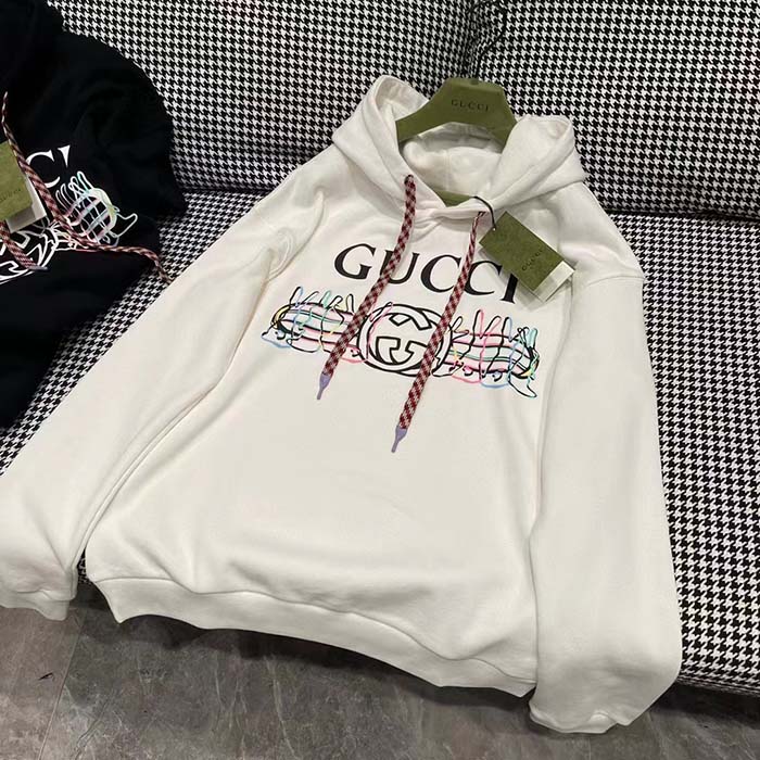 G*u*i men gg logo bunny print hooded cotton sweatshirt off white cotton jersey