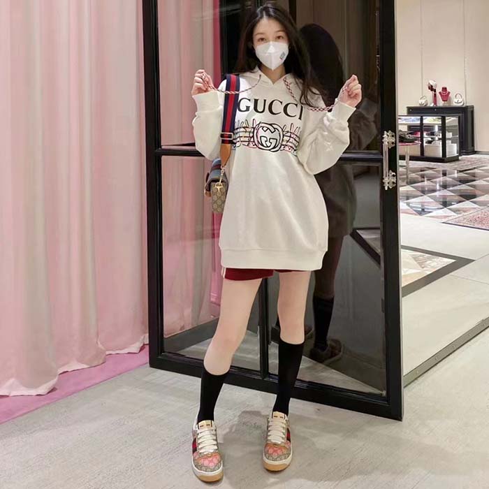G*u*i women gg logo bunny print hooded cotton sweatshirt off white cotton jersey