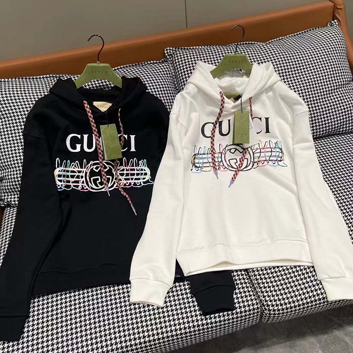 G*u*i men gg logo bunny print hooded cotton sweatshirt off white cotton jersey
