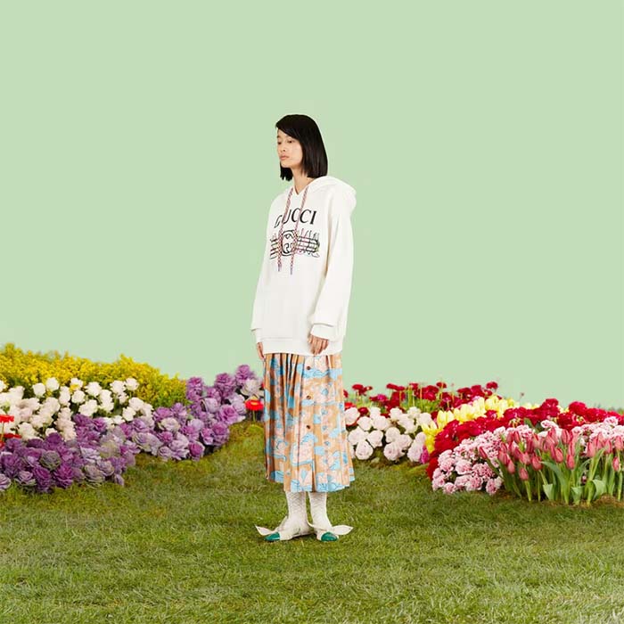 G*u*i women gg logo bunny print hooded cotton sweatshirt off white cotton jersey