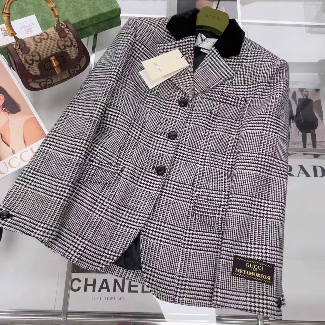 G*u*i women gg prince wales check jacket black white long sleeves flap pockets
