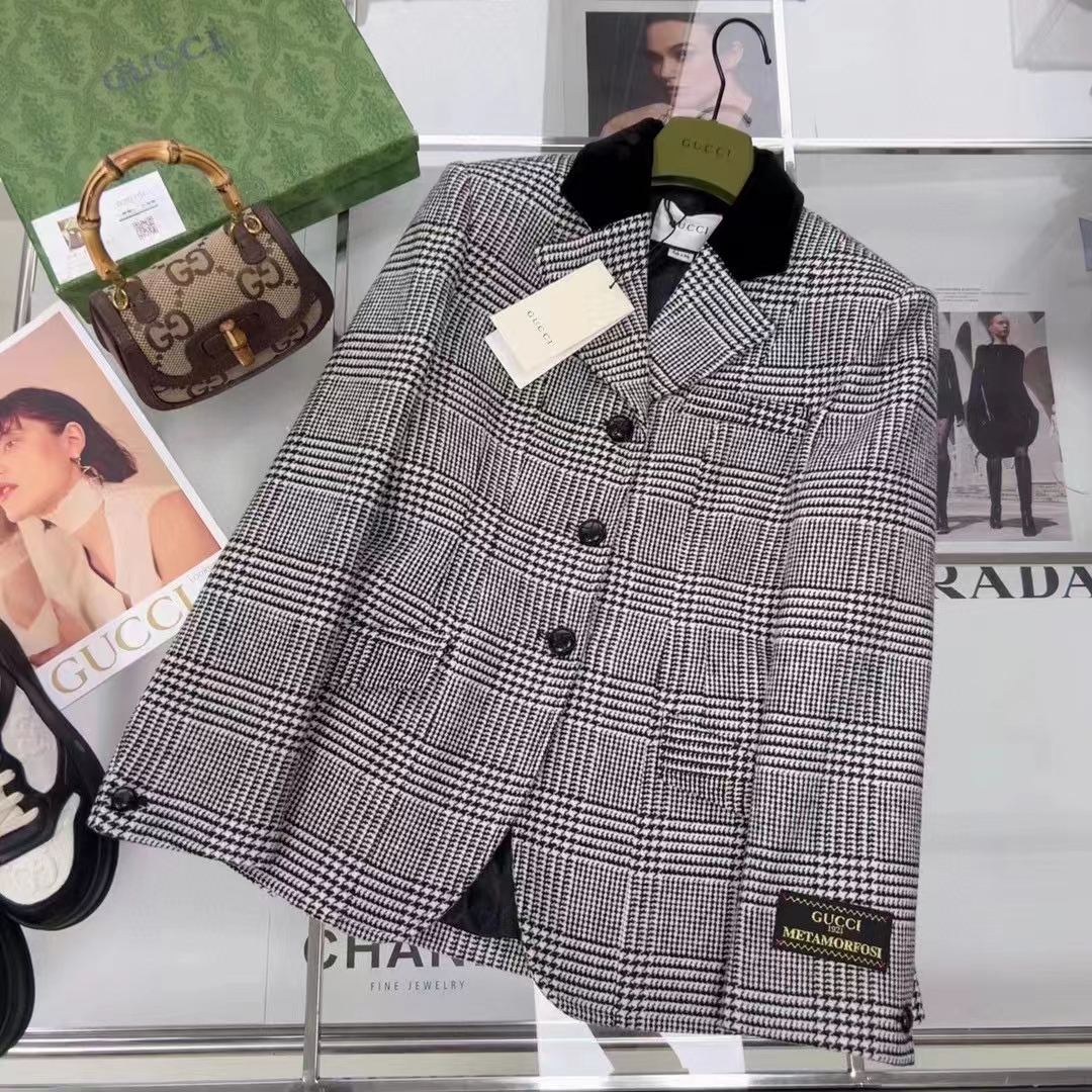 G*u*i women gg prince wales check jacket black white long sleeves flap pockets
