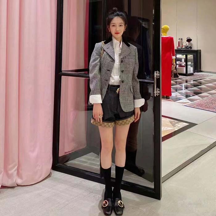 G*u*i women gg prince wales check jacket black white long sleeves flap pockets