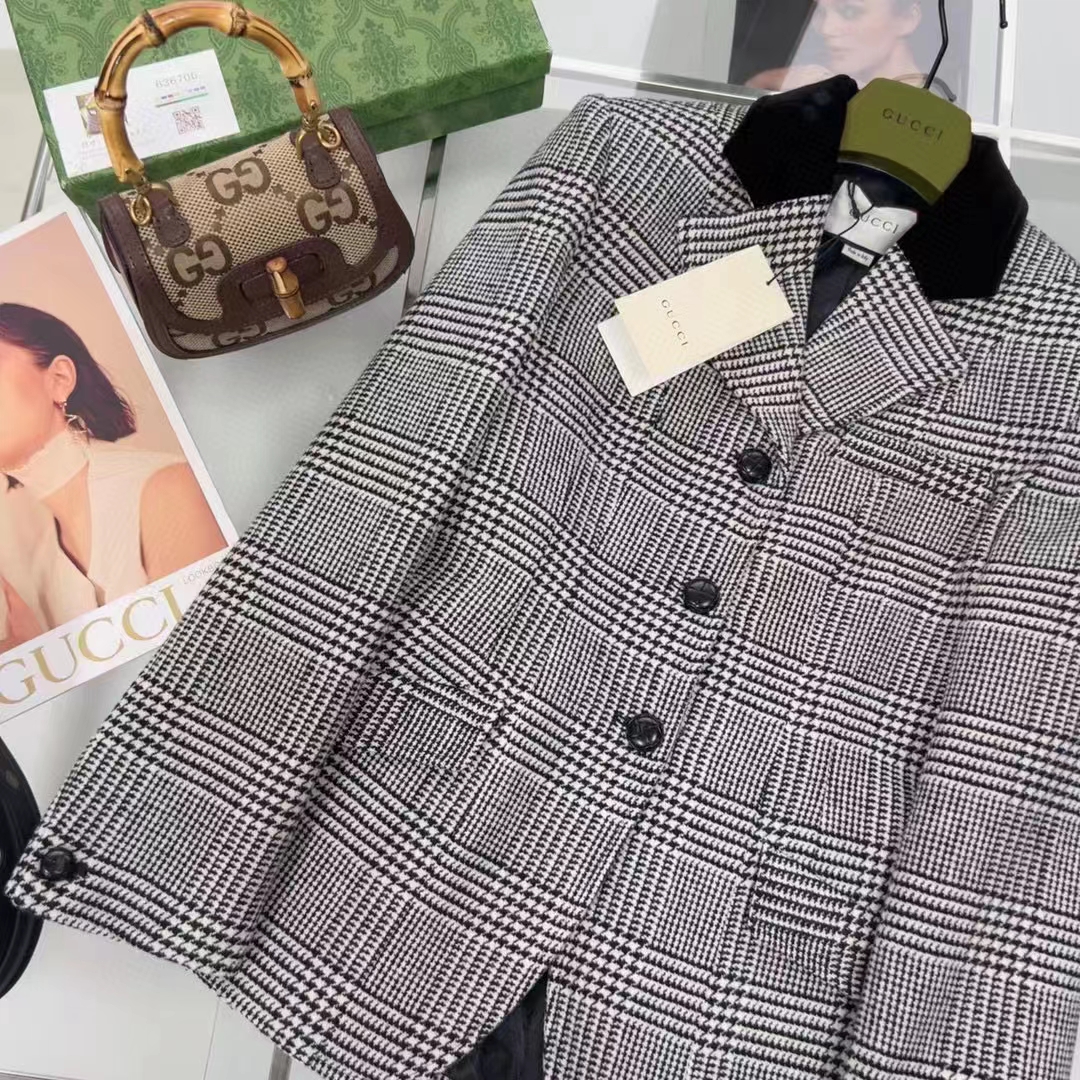 G*u*i women gg prince wales check jacket black white long sleeves flap pockets