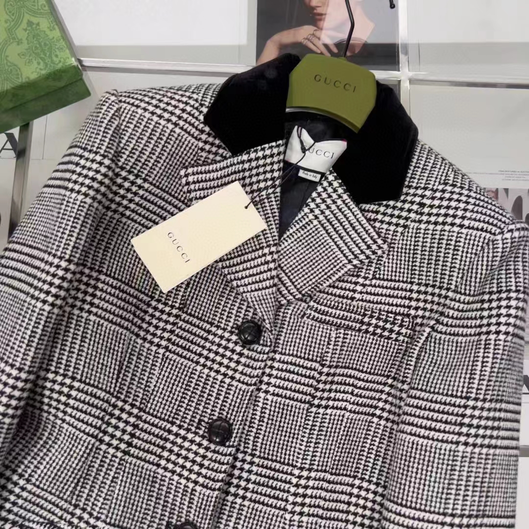 G*u*i women gg prince wales check jacket black white long sleeves flap pockets