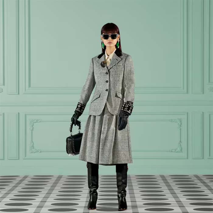 G*u*i women gg prince wales check jacket black white long sleeves flap pockets