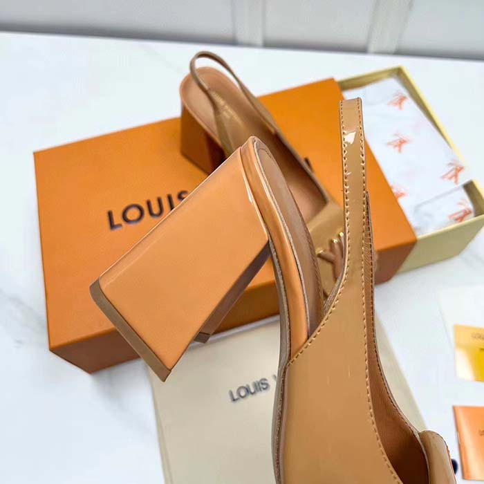 Louis Vuitton LV Women Shake Slingback Pump Brown Patent Calf Leather Lambskin 5.5 Cm Heel