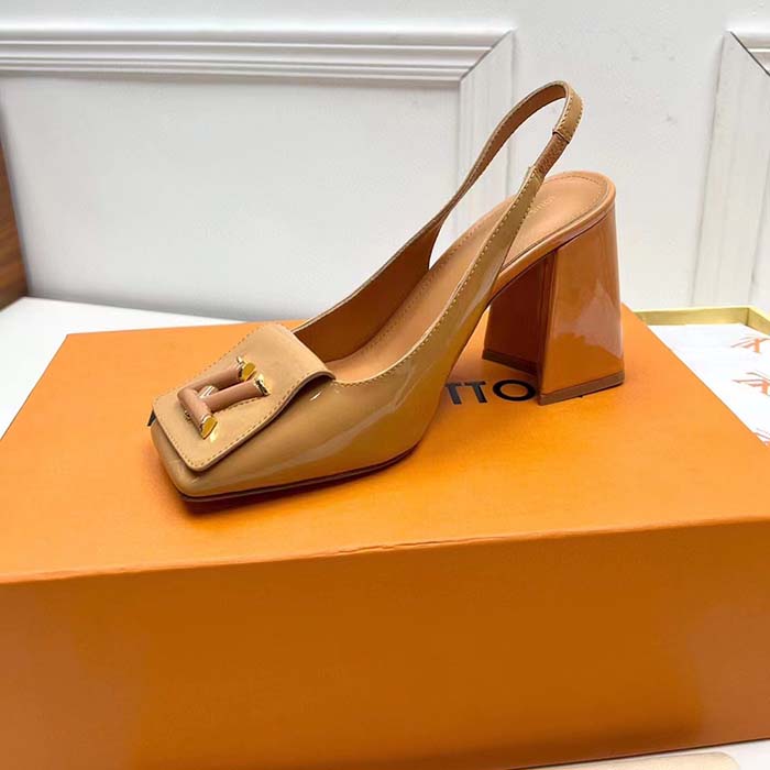 Louis Vuitton LV Women Shake Slingback Pump Brown Patent Calf Leather Lambskin 5.5 Cm Heel