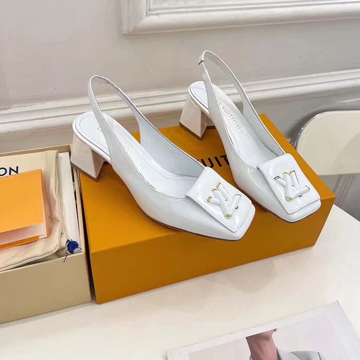 Louis Vuitton LV Women Shake Slingback Pump White Patent Calf Leather Lambskin 5.5 Cm Heel