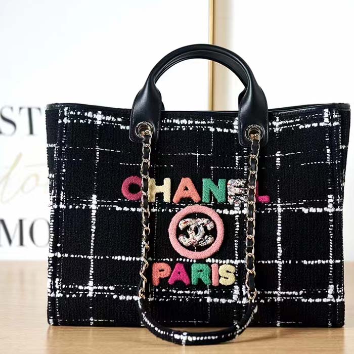 Chanel Women CC Large Shopping Bag Wool Tweed Gold-Tone Metal Black White