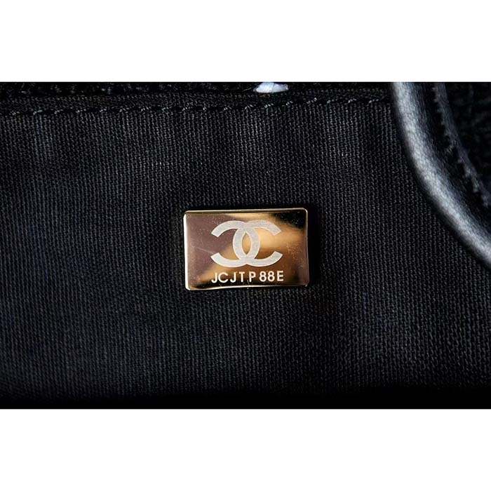 Chanel Women CC Large Shopping Bag Wool Tweed Gold-Tone Metal Black White