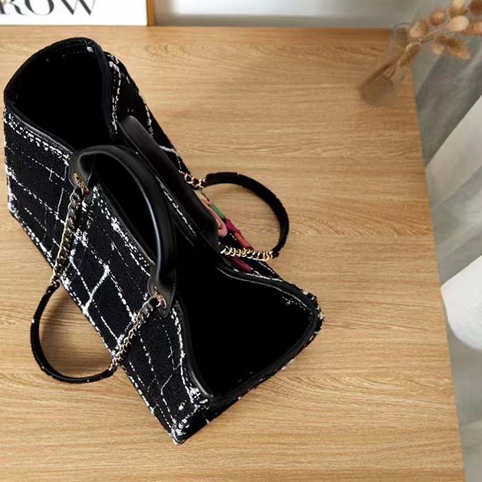 Chanel Women CC Large Shopping Bag Wool Tweed Gold-Tone Metal Black White